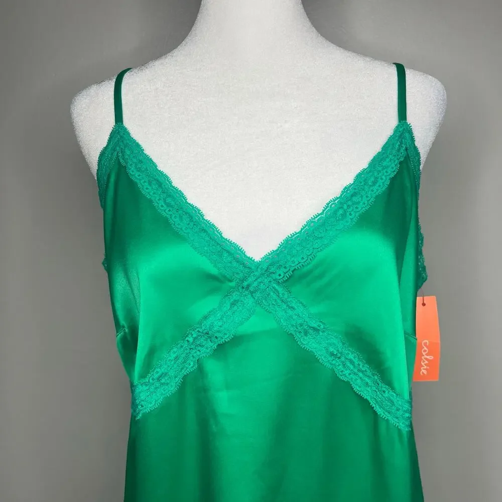 Women's Kelly Green Satin Nightgown Lace Trim Babydoll Sz M Fairy Y2K Jewel Tone